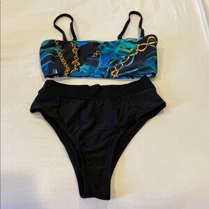 Black and Blue Bikini Set with Chain Print